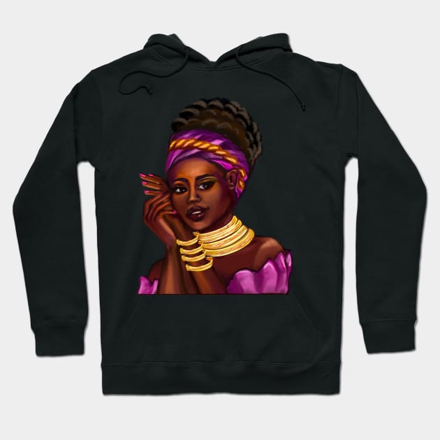 Afro Queen Black is beautiful anime manga black girl with Gold bangles, neck ring necklace, purple dress and head wrap, brown eyes and dark brown skin ! Hoodie by Artonmytee